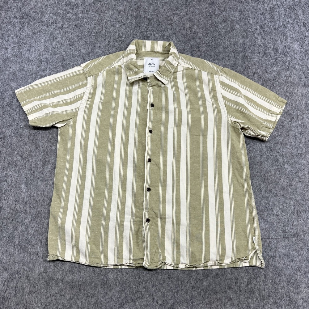 Katin‎ Shirt Mens S Green Stripe Short Sleeve Button Cotton Linen Casual Beach